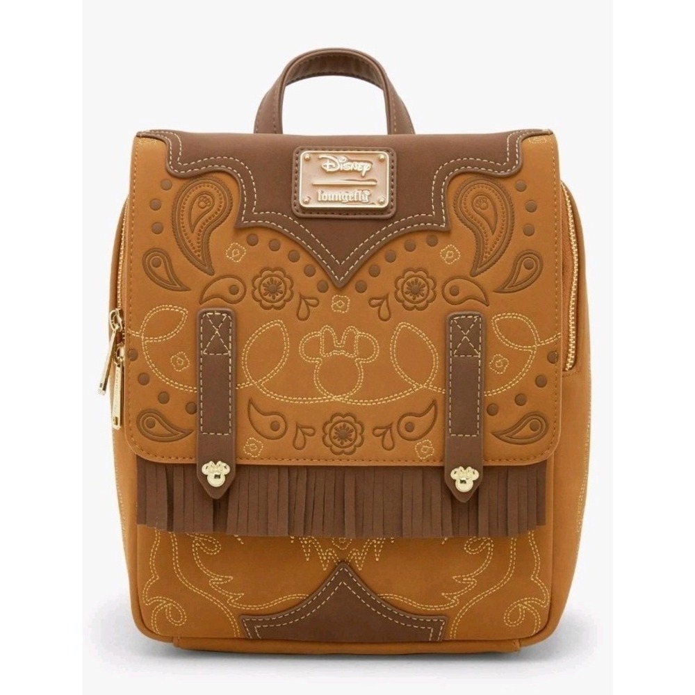 NEW Loungefly Cowgirl Western Minnie Mouse Cow Print Interior Cosplay Backpack‎